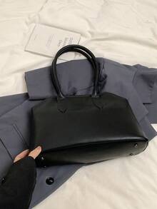 low tea 1 pieza Bolso de hombro de mujer de unicolor de piel de PU, bolso de hombro de moda vintage casual con asas duales y cierre con cremallera, adecuado para salidas diarias, citas, ir al trabajo, incluye colgante - Negro - Ver 7