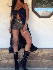 Womens Front Split Long Dress Sleeveless Spaghetti Strap Solid Color Dress Longline Cami Tops - 黑色 - 查看 1