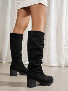 Giày bốt cao đến giữa bắp chân, đế dày, mũi tròn, chất liệu da lộn giả, thu/đông 2025 dành cho nữ - Giày bốt cao đến giữa bắp chân, gót nhọn, đế xuồng, phù hợp để kết hợp với quần legging, quần thường ngày, quần bó, váy, quần short, trang phục hàng ngày và ngày lễ, ngày lễ tình nhân, tiệc trang trọng, thanh lịch, thoải mái, ngoài trời, chống trượt, phù hợp với mọi phong cách, màu đen, xỏ ngón - màu đen - Xem 4