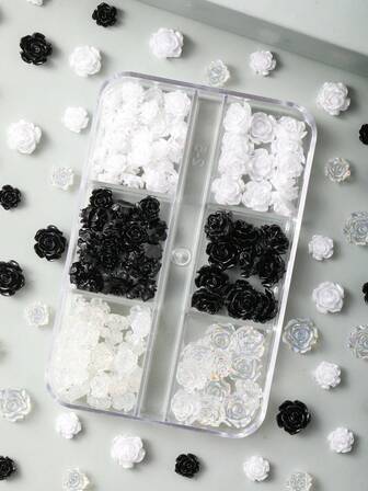 120個 8mm+6mm オーロラ椿ローズネイルアートデコレーション、透明/白/黒ミックス、3Dフラットデザイン、簡単に適用、結婚式、バケーション、青春の日に適しています。ネイルアートデザイン、ジュエリー製作、コフィンネイル、フレンチアーモンドネイル、ショート&ロングネイル、オーバルネイル、スクエアネイル、ジュエリークラフト、卒業キャップデザイン、DIYフォンケースなどに使用できます。