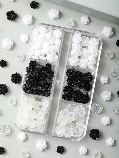 120片8mm+6mm极光山茶花玫瑰美甲装饰贴，透明/白色/黑色混合，3D立体设计，易于粘贴，适用于婚礼、假期、青春活动等场合，可用于美甲设计、珠宝制作、棺材形美甲、法式杏仁形美甲、短指甲和长指甲、椭圆形指甲、方形指甲、珠宝工艺、毕业帽设计、DIY手机壳等。美甲用品