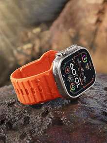 1pc Orange Apple Watch Band, Outdoor Sports Climbing Fitness Yoga Waterproof Sweat-Resistant Ultra-Thin Soft 3D Embossed Texture Silicone Band Compatible With Apple Watch Ultra 3/2/1 SE S9/8/7/6/5/4/3/2/1 Series, 38/40/41mm, 42/44/45/46/49mm, Unisex Gift - Orange - View 3