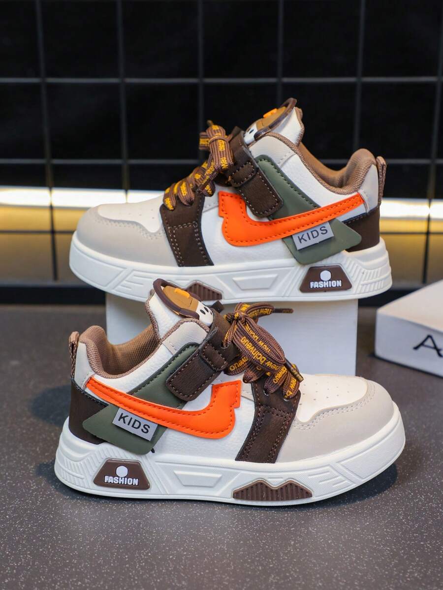 1 Pair Kids Casual Sneakers, Spring/Autumn 2025, Boys Loafers, New Low-Top Girls White Shoes, Soft Sole Versatile Sports Shoes - Khaki - View 1