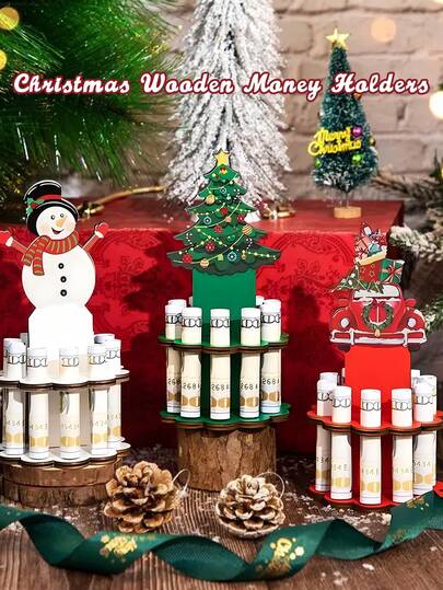 3Pcs Vintage Christmas Money Holder, Wooden Money Holders, Christmas Ornament Money Holder With 10 Holes Cake For Table Decor, Can Be Written On The Back, Cash Gift Can Be Writed