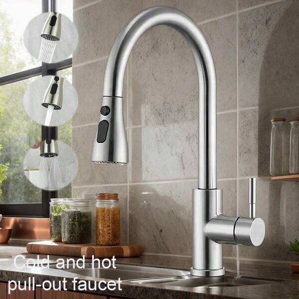 1 Set Kitchen & Balcony Sink Faucet, 3-Mode Swivel Spout Hot And Cold Water Tap With Installation Accessories And Hose For Washing Basin