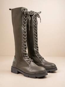 Knee High Lace Up Winter Boots with Chunky Outsole and Flexible Knit Upper - 綠色 - 查看 6