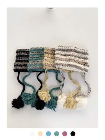 1 st söt kattöronmössa, japansk stil randig bred ficka demon öronvärmare stickad mössa för kvinnor, varm höst/vinter randig öronskyddsmössa, stor huvudomkrets