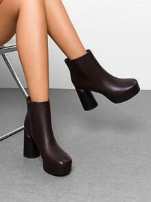 Women's Retro-Modern Square Toe Chunky Round Heel Ankle Boots With Lightweight Platform, Perfect For Daily Outings - Brown - View 2