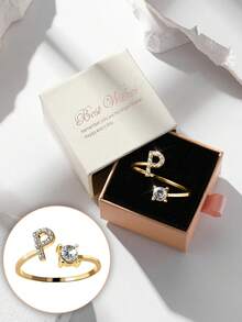 礼盒装 26 字母奢华水钻金色开口戒指，适合女性婚礼订婚派对生日礼物 - 金色 - 查看 54