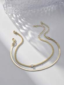 Nooxian 2 件套金色珠宝休闲海滩度假风格不锈钢刀片链镶嵌闪亮方晶锆石女式脚链 - 金黃色 - 查看 6