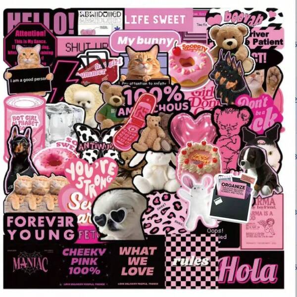 50/100pcs Pink & Black English Stickers For Notebook, Laptop, Phone Case, Water Bottle, DIY Decor, Waterproof, Cartoon, Cute, Aesthetic, Random Styles Wall Stickers Room Decor Wall Sticker Wall Decor Home Decor
