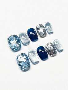 10 sztuk niebieskich cekinowych, szklanych koralików w kształcie kociego oka, eleganckie, lekkie, luksusowe, ręcznie robione ozdoby do paznokci, do naklejania na paznokcie, artykuły do paznokci, paznokcie