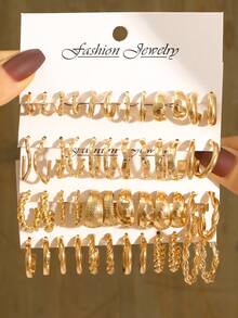 Bộ 48/12 khuyên tai tròn nhỏ trơn, họa tiết hình học cổ điển, hoa, hình trái tim rỗng, họa tiết sóng tối giản, phụ kiện thời trang cho ngày lễ, tiệc tùng, hẹn hò, đeo hàng ngày - Vàng - Xem 8