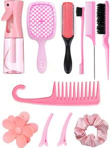 11pcs/Set Multi-Functional Hair Styling Tool Kit, Black Handle Hollow Comb Massage Scalp Relax Reduce Hair Loss, 200ml High Pressure Spray Bottle, Dense Teeth Curling Comb Detangle Hair, Large Hair Scrunchies For Ponytail, Elegant Hair Accessory Set Suitable For All Hair Types & Women, Great Gift For Girlfriend, Family ,Hair Styling Kit ,Hair Tool Kit