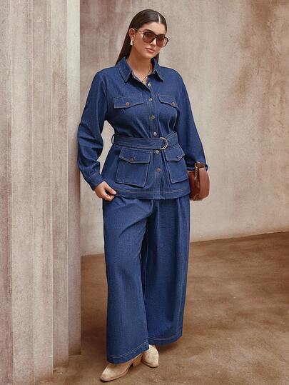 Sollinarry 2 pezzi/set Donna taglie forti, top a maniche lunghe con tasche e bottoni, pantaloni a gamba ampia, in colore tinta unita simil-jeans, outfit da lavoro/insegnante