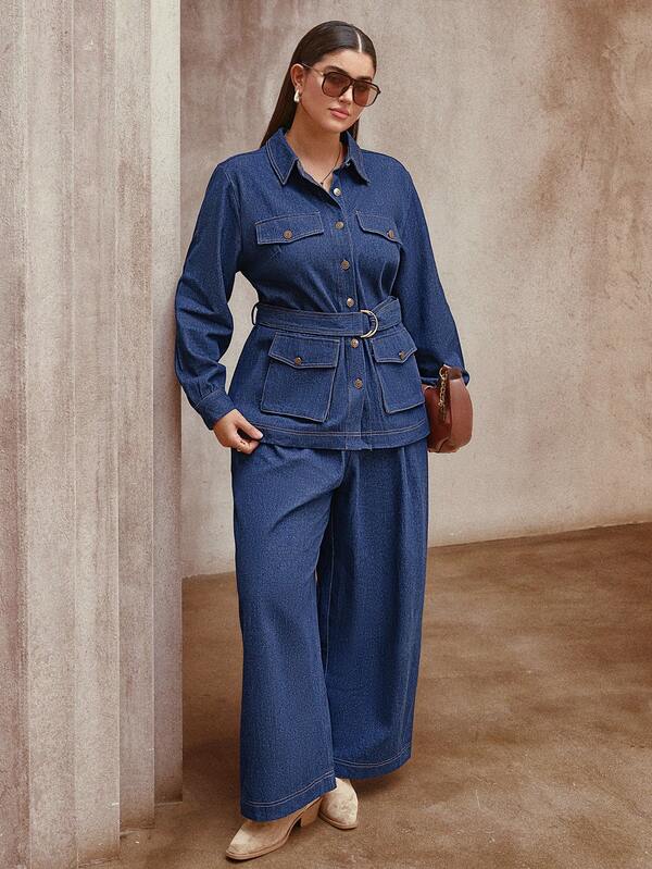Sollinarry مجموعة من قطعتين للمرأة ذات الحجم الكبير، تتكون من ملابس علوية بأكمام طويلة وجيوب وأزرار أمامية بلون أزرق جينز، وبنطال ذو ساق واسعة، مناسبة للعمل أو المعلمات