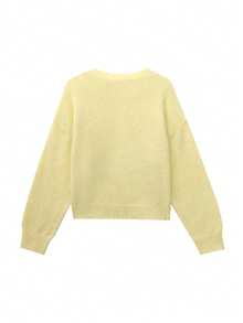 Knit Mix 优雅女士法式宽松针织开衫，时尚圆领长袖毛衣，秋冬季休闲纯色外套 - 黃色 - 查看 2