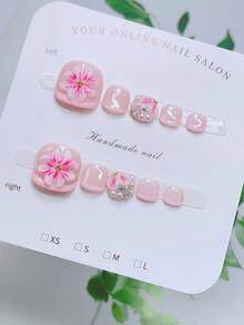 一套10片闪亮方形按压式脚趾甲，粉色手工脚趾甲，多功能手工3D花朵造型，粉色花瓣，粉色法式尖头设计，金色小钢珠装饰，闪亮水钻和白色仿珍珠点缀，优雅性感风格，适合女性宴会脚趾甲，适合女性和女孩，可用于派对、婚礼、日常佩戴，包含工具包。手工按压式指甲。夏季脚趾甲。短脚趾甲。假指甲。美甲用品 美甲用品 指甲 手工按压式指甲 - 彩色 - 查看 2