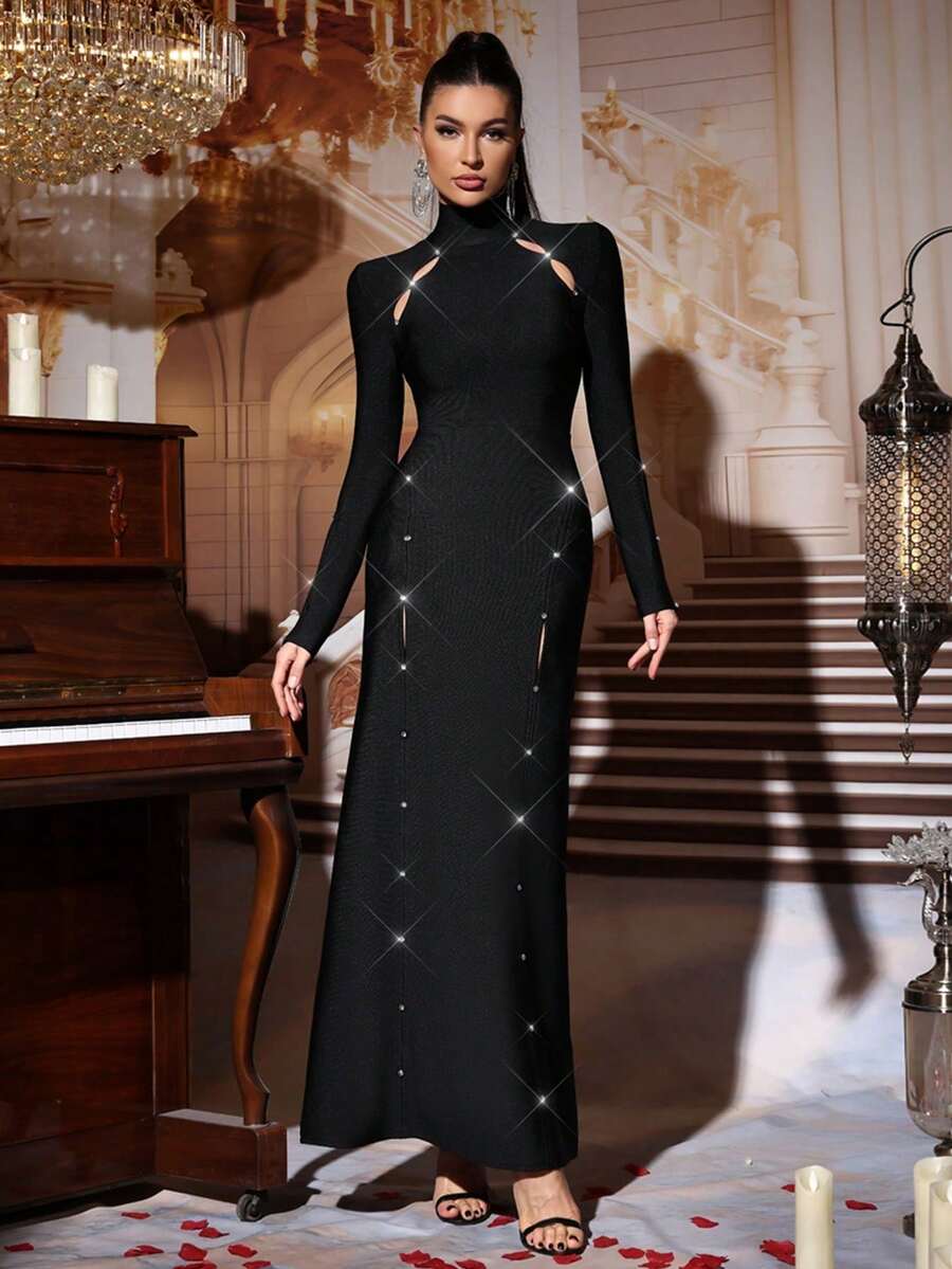 فستان طويل أسود للنساء ذو ياقة عالية مفرغ، فستان زفاف حفلة كرة ، فستان حفلة عيد الميلاد