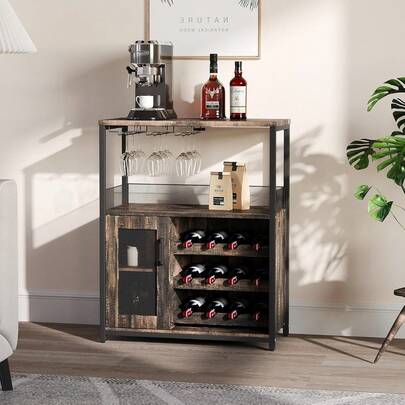 Bar Cabinet, Wine Rack Cabinet With Detachable Wine Rack, Adjustable Shelves Coffee Bar Cabinets With Mesh Door And Baffle Design, 36 In Tall, For Home, Kitchen, Dinning Room