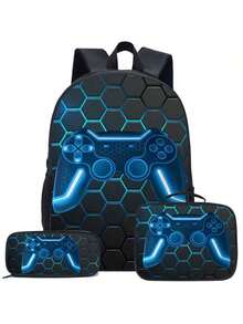 3件套儿童背包，16.5英寸书包，带手提包和铅笔盒，适合小学、初中和高中学生 - 遊戲霓虹 - 查看 9