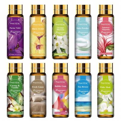  1pc 10ml/0.33fl.Oz Fragrance Oil Perfume Scent, Fruit Scent Essential Oils With Dropper PHATOIL Coconut& Vanilla Bubble Gum Sea Breeze Parma Violet Orange Blossom Freesia Marshmallow Apple Mango Strawberry Cherry Coconut Litchi Peach Pineapple