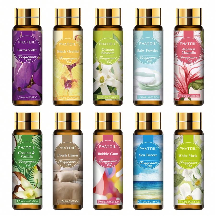 1pc 10ml/0.33fl.Oz Fragrance Oil Perfume Scent, Fruit Scent Essential Oils With Dropper PHATOIL Coconut& Vanilla Bubble Gum Sea Breeze Parma Violet Orange Blossom Freesia Marshmallow Apple Mango Strawberry Cherry Coconut Litchi Peach Pineapple