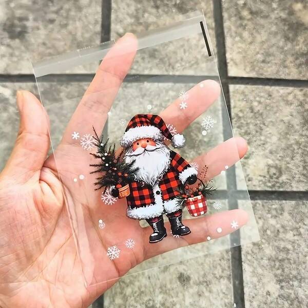 100/50/5PCS Exquisite Christmas Gift Packaging Bags With Snowflake, Santa Claus, Reindeer And Holly Patterns Self-Adhesive Seal Bags - Suitable For Christmas Decorations And Gift Packaging, For Candy, Jewelry, Stationery, Size:10*10+3 Cm.