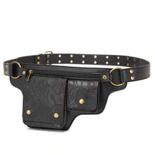 Style Waist Bag - Vintage Synthetic Leather Fanny Pack With Multiple Compartments, Golden Studs & Buckles For Women, Perfect For Outdoor Sports, Travel, And Casual Wear - 壓變黑色 - 查看 5