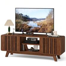 63-Inch TV Stand For TVs Up To 75 Inch, Mid-Century Modern Television Stand, Entertainment Center With Sliding Grille Door Cabinets, TV Table For Living Room - 咖啡棕 - 查看 2