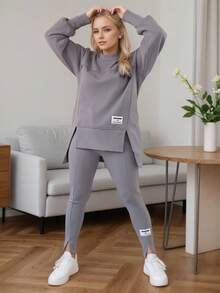 2025 New Irregular Print Two-Piece Set, Long-Sleeved Round Neck Slit Sweatshirt And Slim Front Slit Leggings, Machine Washable, Comfortable Version, Winter Clothes For Women - 灰色 - 查看 4