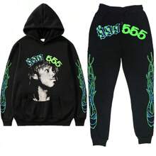 American Hip-Hop Singer Letter Print Couple Sweatshirt Unisex Hoodie Set Black Casual Wear Vacation Wear Streetwear Fabric - Y黑色GGG555 - 查看 1
