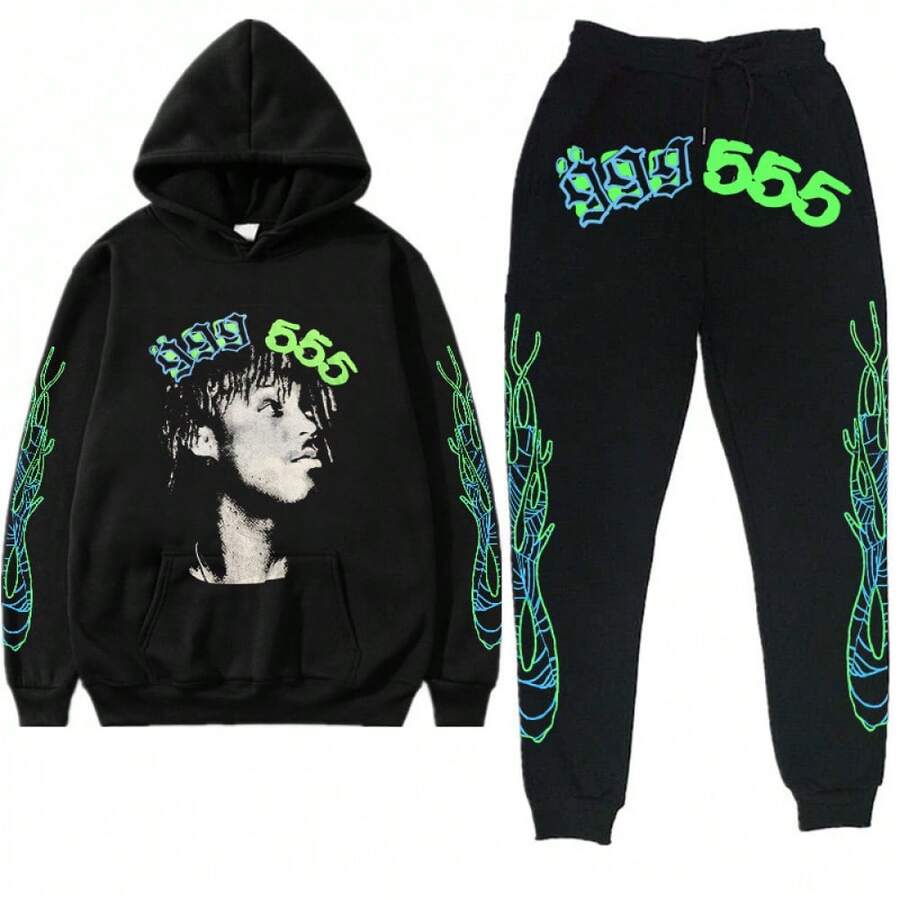 American Hip-Hop Singer Letter Print Couple Sweatshirt Unisex Hoodie Set Black Casual Wear Vacation Wear Streetwear Fabric - Y黑色GGG555 - 查看 1