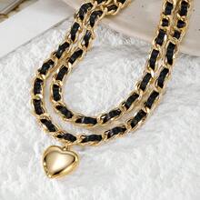 1 PC Creative Design Geometric Temperament Flannelette Chain Fashion Necklace, Retro Heart - Shaped, Versatile Double - Layer Neckpiece - 黑色 - 查看 2
