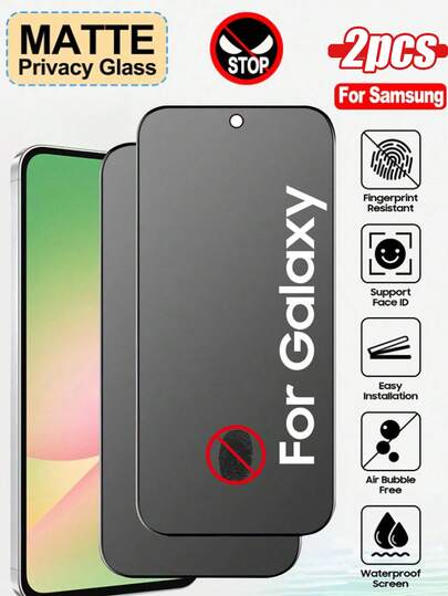 2 piezas Protector de pantalla de vidrio templado mate y privado, compatible con Samsung, dureza 9H, antiespia mate, 2.5D, antihuellas, mate, resistente a arañazos, estilo mate, accesorios esenciales para protección de pantalla de teléfono móvil, aplicable a protección diaria, oficina, privacidad en el hogar, protector de pantalla a prueba de agua, a prueba de golpes, resistente a arañazos