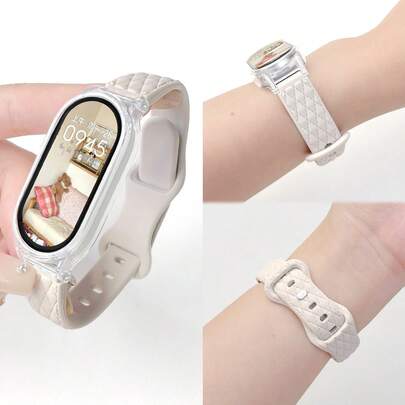 透明壳反向扣皮革纹理硅胶表带适用于小米手环 10/9/8，适用于小米手环 7/6/5，时尚女士，夏季