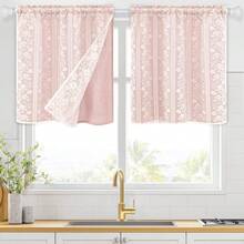 Linen Pink Kitchen Tier Curtains 24 Inch Length, Double Layered Kitchen Curtains With Linen And Lace, Rod Pocket Short Window Curtain, Farmhouse Window Treatments For Bathroom, Cafe, 2 Panel - Pink26Wx24LPackof2 - View 2
