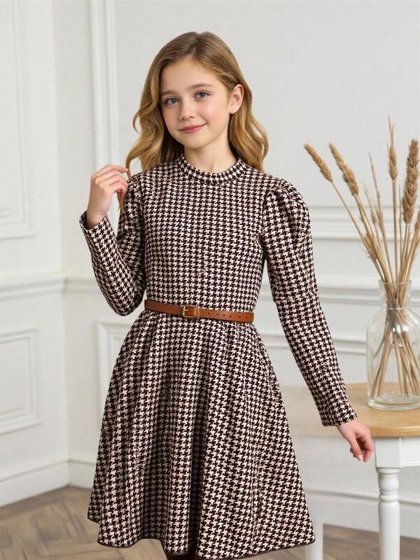 Vestido midi com estampa xadrez e decote redondo, linha A, para meninas pré-adolescentes (cinto não incluso)
