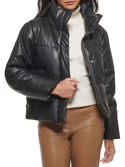 Women's Vegan Leather Quilted Short Puffer, Fashionable 2025 Style