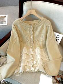 Women's Casual Raglan Sleeve Contrast Mesh Ruffle Hem Knit Cardigan, Suitable For Daily Wear And Back To School Season, Autumn/Winter - White - View 3