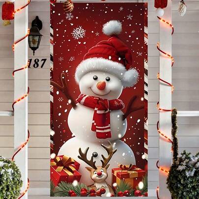 1 件圣诞雪人和驯鹿 2D 平面印花涤纶门帘横幅，节日欢呼风格轻质涤纶矩形装饰，色彩鲜艳，耐候且易于悬挂，适用于室内/室外圣诞门装饰、节日派对背景、摄影道具和冬季仙境活动 - 90 * 180 厘米/35 * 70.8 英寸耐用涤纶节日装饰