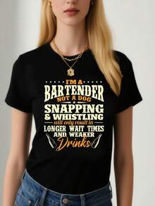 Women's  I'm A Bartender Not A Dog Graphic T-Shirt - Humorous Bartending Slogan, Loose Fit Crew Neck Short Sleeve Tee, Black With OrangeWhite Text, Casual Summer Top 0XL-4XL, Bartender Accessories, Bar Attire, Playful Design, Comfortable Fit - 黑色 - 查看 1