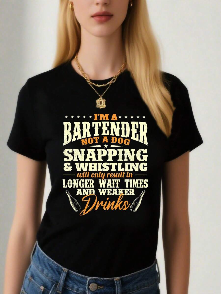 Women's  I'm A Bartender Not A Dog Graphic T-Shirt - Humorous Bartending Slogan, Loose Fit Crew Neck Short Sleeve Tee, Black With OrangeWhite Text, Casual Summer Top 0XL-4XL, Bartender Accessories, Bar Attire, Playful Design, Comfortable Fit - 黑色 - 查看 1