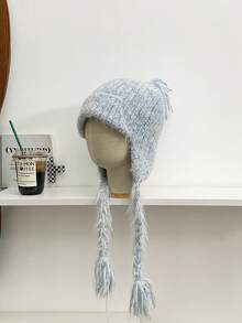 1 件女式针织流苏帽，秋冬保暖百搭，护耳，修身版型
