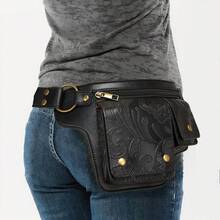 Style Waist Bag - Vintage Synthetic Leather Fanny Pack With Multiple Compartments, Golden Studs & Buckles For Women, Perfect For Outdoor Sports, Travel, And Casual Wear - 壓變黑色 - 查看 1