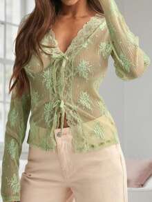 Womens Tie-Up Front Tops Long Sleeve V Neck Slim Fit Sheer Lace Shirts Spring Fall Blouses - 綠色 - 查看 5