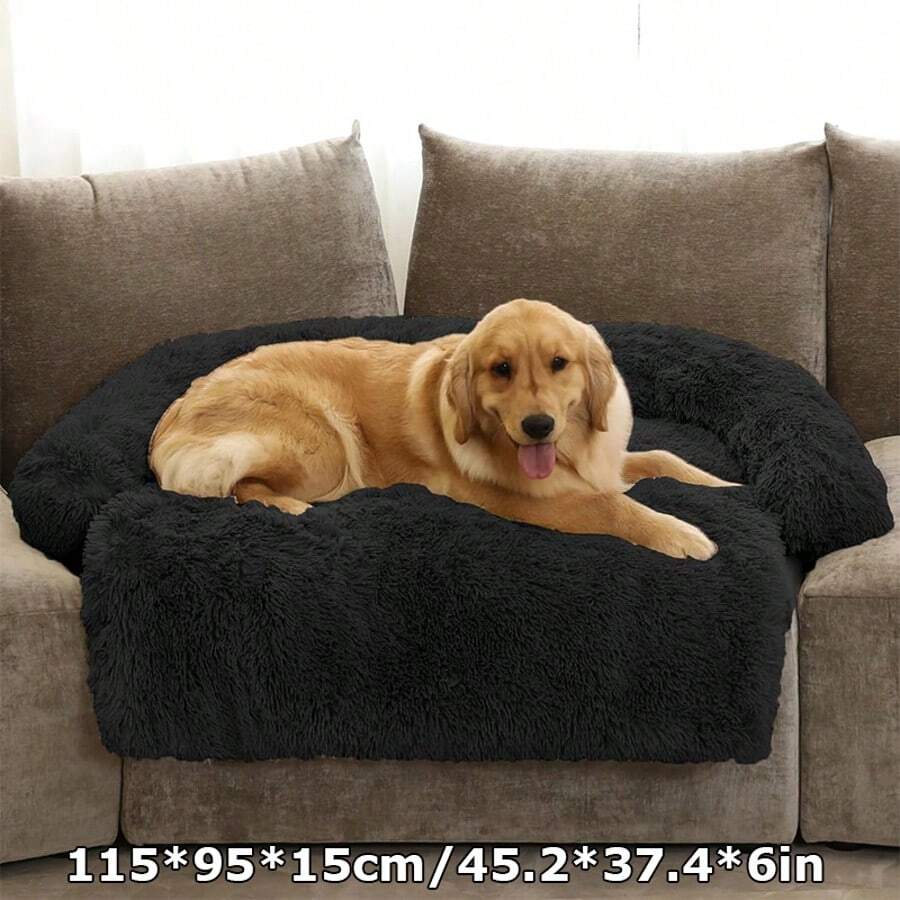 Calming Dog Bed Fluffy Plush Dog Mat For Furniture Protector With Removable Washable Cover For Large Medium Small Dogs And Cats (L (45"X37"X6"), Black) - Black - View 1