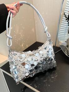 Sirith 1pc Gold Color Crescent Moon Shape Glitter PVC Shoulder Bag For Women, New - Silver - View 8