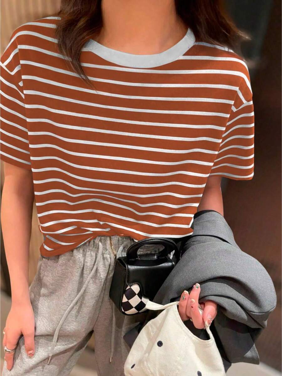 K&K FASHION Basic Striped T-Shirt Blouse - 瓦 - 查看 1