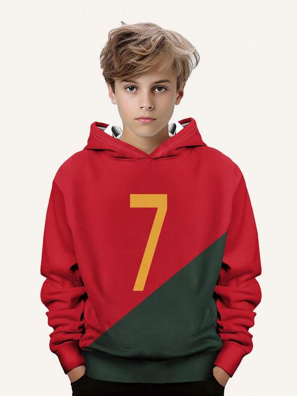 7 Number Print Boys Sports Casual Pullover Hoodie - Long Sleeve, Round Neck, Suitable For Spring And Autumn